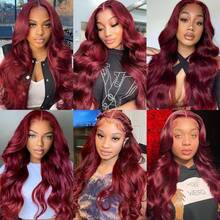 PAZAT Body Wave Lace Front Wig Human Hair 99J Burgundy Transparent Lace Front Wig 13x4 Lace Frontal Wig With Baby Hair Pre Plucked Body Wave Wigs 60% Human Hair Red Wig 24 Inch - Burgundy - View 6