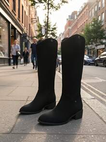 2025秋冬新款复古西部风可折叠靴筒厚跟靴，黑色天鹅绒质感时尚女靴 - 黑色 - 查看 3