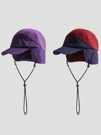 冬季复古撞色抓绒飞行员帽，男女皆宜，户外保暖防风护耳，带绳滑雪骑行飞行员帽，保暖配件