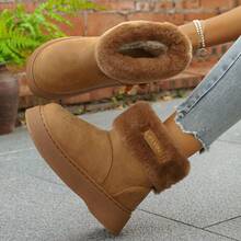 女士冬季新款时尚百搭厚底雪地靴，套脚踝靴，学生保暖靴，舒适面包靴，毛绒靴