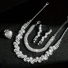 1pc Necklace, 1pc Ring, 1 Pair Earrings, 1pc Bracelet, Fashionable Luxury Jewelry Set With Asymmetrical Sparkling Rhinestone Necklace, Bracelet, Earrings, Ring - Silver - View 4