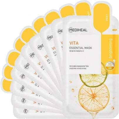  10 Pcs Mediheal Best Korean Sheet Masks | Vita Essential Face Mask | Vitamin Mask For Smoothing, Tightening, Toning Up & Brightening | For All Skin Types