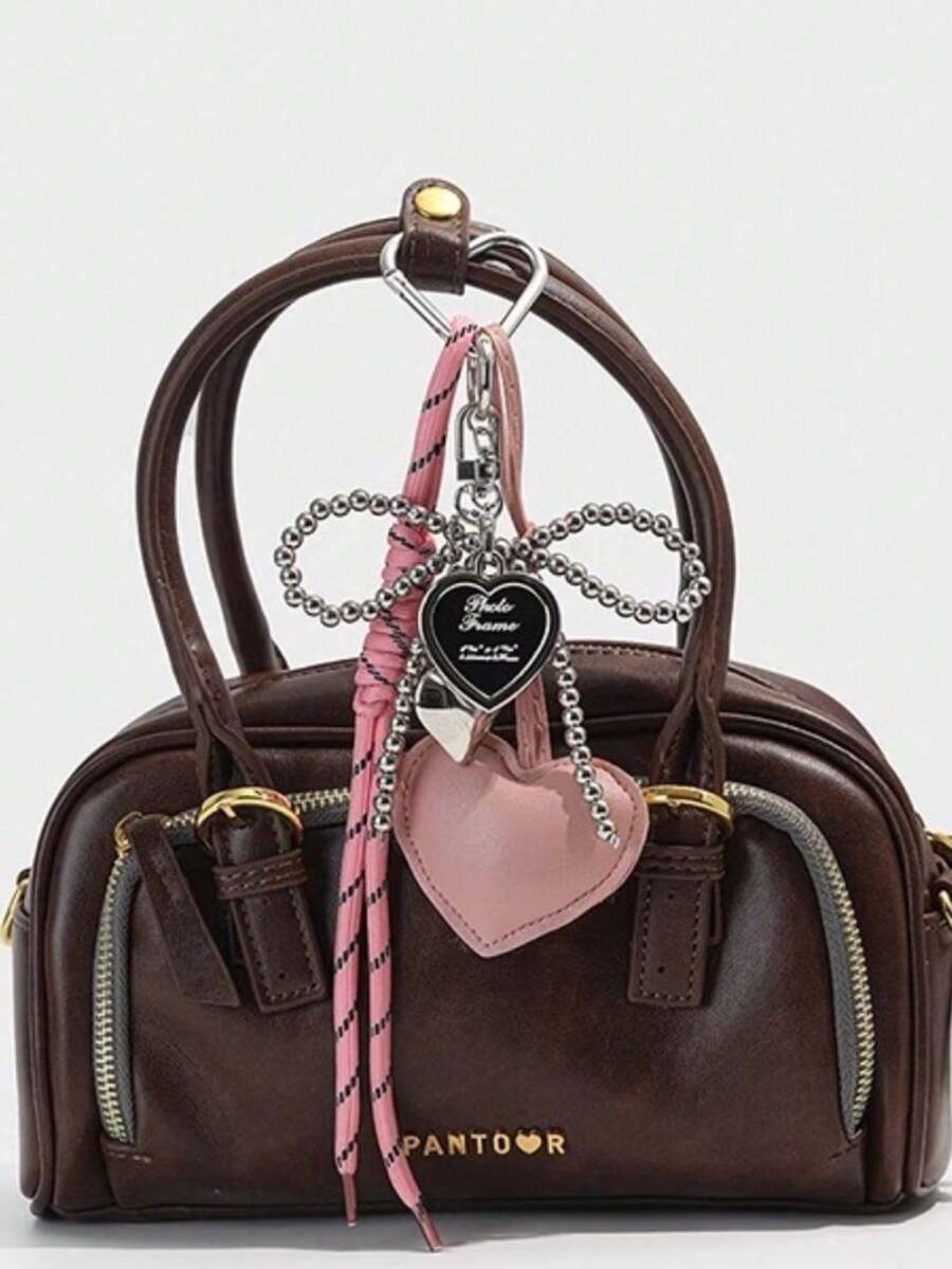 1个少女风银色珠子蝴蝶结包包挂饰，皮革心形钥匙扣吊坠，精美派对礼物 - 彩色 - 查看 1