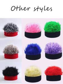1pc Men's Personalized Knit Hat With Fake Hair, Novelty Men's Wig Hat, Fashionable Brimless Hat, Men's Party Costume Accessory, Sports Short Hair Prank Wig Hat, With Gray Fluffy Wig, Black And White Headband, Fun Party Accessory, Includes Straight Hair, Soft Texture