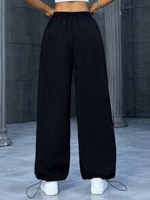 Contrast Color Striped Polyester Drawstring Pocket Casual Sports Outdoor Pants For Women, Spring/Autumn - Black - View 2