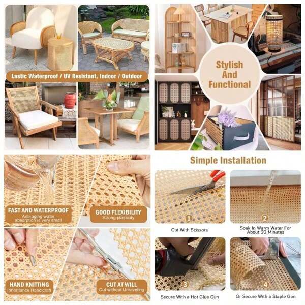 Plastic Cane Webbing Roll, 16''x 20'' Woven Rattan Mesh PE Caning Sheet Projects, Synthetic Hexagon Rattan Material Furniture Chair Cabinet Ceiling Bed Door, Wood Color
