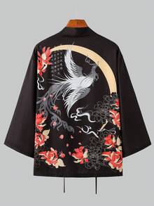 男士黑色开襟和服式针织衫 - 长袖凤凰印花宽松版型，轻盈透气，四季皆宜，可机洗，度假风，舒适贴身 | 精致贴花细节，中国尺码，请仔细查看尺码表 - 黑色 - 查看 2