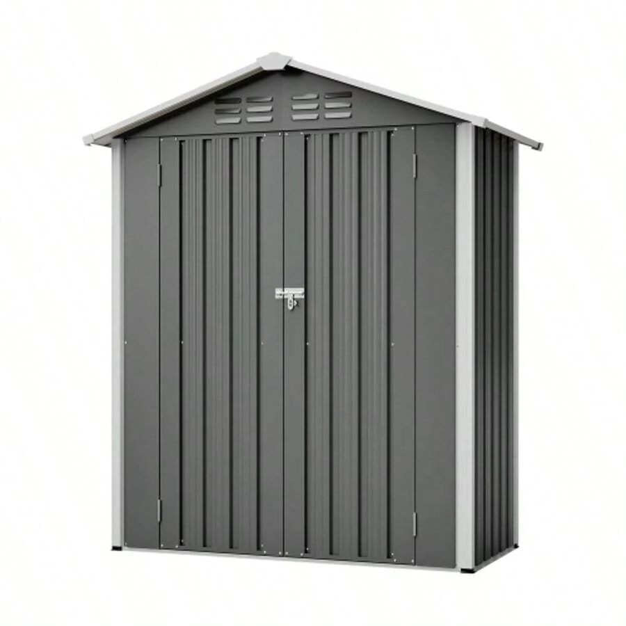 142x185cm Metal Garden Shed With Ventilation Holes, Includes Metal Foundation, Lockable Door, Weatherproof For Garden Tools, Grey 154x83x180cm Metal Garden Shed With Ventilation Holes, Includes Metal Foundation, Lockable Door, Weatherproof For Garden Tools, Grey - 灰色2 - 查看 1