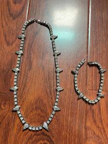 2 件套经典圆形钻石拼接街头嘻哈风格圆形钻石链项链 + 手链套装，适合情侣礼物和佩戴