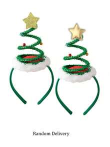 Tiara de Natal Fofa com Design de Estrelas, Árvore de Natal Espiral com Elementos Cartoon, Estampas, Decoração de Primavera, Tiara de Natal Adequada para Festa e Decoração de Feriado, Acessórios de Cabelo