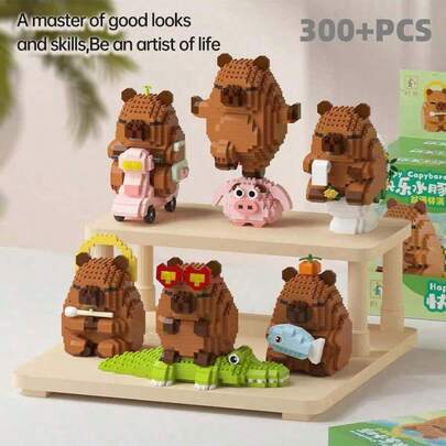 300+块可爱水豚成人积木，300+块，生日礼物，DIY动物系列积木，桌面摆件，减压，舒缓压力，家居收藏装饰，拼装玩偶，办公桌摆件，节日礼物，父亲节礼物，结婚礼物，婚礼装饰，毕业礼物