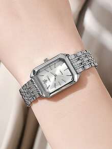 4 件女士时尚休闲石英腕表套装，配有方形罗马数字表盘和钢表带，优雅简约（套装不包括表盒）