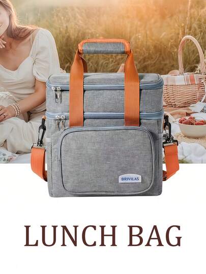 2-Layer Insulated Lunch Bag, Large Capacity Leak-Proof Cooler Bag, Unisex Design, Adjustable Shoulder Strap, Reusable, Food Warmer, Expandable Picnic Basket, Lunch Box, Suitable For Work, Office, Travel, Camping And More