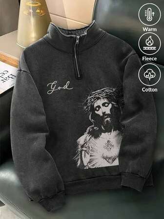 Men's Casual Figure Print Stand Collar Sweatshirt, Autumn/Winter