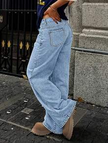 WGXWGX Plus-Size Women's Casual And Versatile Solid Color Straight-Leg Jeans With Side Beading, Non-Stretch, Loose Fit With Slanted Pockets, Button And Zipper Closure, Perfect For Everyday Wear. - 淺色水洗藍 - 查看 5