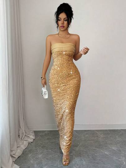 Damen Herbst/Winter Neu Party/Date Night/Abend Sexy Elegant Luxuriöses Satin Patchwork Satin Pailletten Stickerei trägerloses figurbetontes Maxikleid, Anmutig, Party, Formell, Weihnachten, Neujahr, Erntedankfest