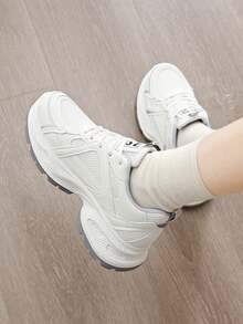 Women's Spring/Summer/Autumn New Mesh Breathable Platform Wedge Sneakers, Lightweight Casual Lace-Up Fashion Sneakers, White/Gray, Casual Running Shoes - Grey - View 4