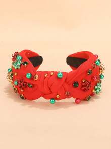 1 قطعة شريط رأس بعناصر عيد الميلاد من القماش، قبعة عيد الميلاد ذات اللؤلؤ الاصطناعي والراين، مزينة بالأجراس والثلج، إكسسوار أساسي لعيد الميلاد (شريط رأس أحمر أو أخضر)، شريط شعر، دياديما، حلقة شعر