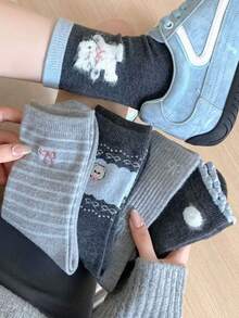 5 Pairs Korean Style Cute Bow Accent Warm Crew Socks, Blue & Gray Tones, Autumn/Winter