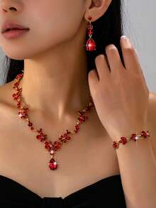 1 Set Elegant Luxury Romantic Floral Teardrop Rhinestone Jewelry Set, High-End Bridal/Wedding/Party Accessories, Intimate Gift - Red - View 4