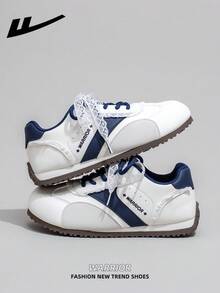 1 Pair WARRIOR Women's Thick Sole Lace-Up Soft Bottom Casual Shoes, Low-Top Outdoor Flat Shoes, Round Toe Low Heel Non-Slip Solid Color Elegant Soft Bottom Hiking Shoes, Suitable For Students, Graduation Photos, Flat Shoes, Women Leather Skate Sneakers - Beige/Gray/Dark Blue - View 10