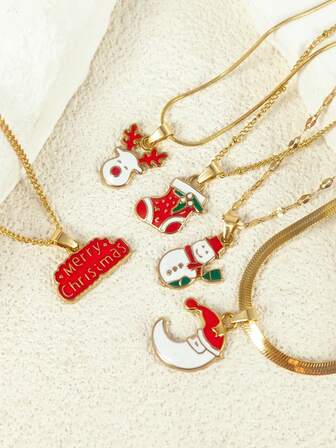 5pcs Minimalist Drip Oil Stainless Steel Santa Claus Pendant Necklace Set, Casual Design Jewelry Suitable For Women, Daily, Casual, Party, Couples, Holiday Gift