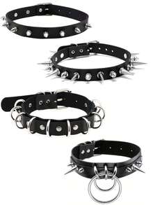 Fashionable Unisex Punk Goth Metal Rivet Chain Leather Choker Necklace - Black - View 1