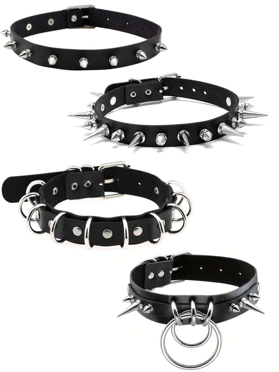 Fashionable Unisex Punk Goth Metal Rivet Chain Leather Choker Necklace - Black - View 1