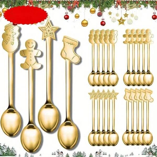 Gold/Silver Creative Christmas Spoon Set, Stainless Steel Coffee, Tea, Ice Cream, Dessert Spoons, Suitable For Christmas, Halloween, Easter, Thanksgiving