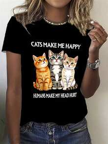 Camiseta de Mujer con Estampado de Gato 100% Manga Corta Cuello Redondo Top Casual con Cara de Gatito y Huella (o Letra) Gráfica - Camiseta Divertida para Amantes de los Gatos, Uso Diario, Outfits de Festival, Tejido Transpirable - Negro - Ver 2
