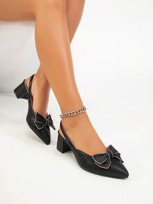 1 Pair Women's Black High Heel Shoes With Bow, Solid Color, Cute, Elegant, Fashion, Suitable For Commuting, Business, Party, Made Of PU Leather, Chunky Heel, Suitable For All Seasons - Black - View 5