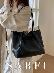 Stylish And Unique Drawstring Embellished Women's Tote Bag; High-End And Elegant Solid Color Minimalist Style Shoulder Bag; Modern Minimalist Style Autumn And Winter Commuter Bag, Suitable For College Students' Daily Travel, Lightweight And Large-Capacity Storage Commuter Bag - Black - View 2