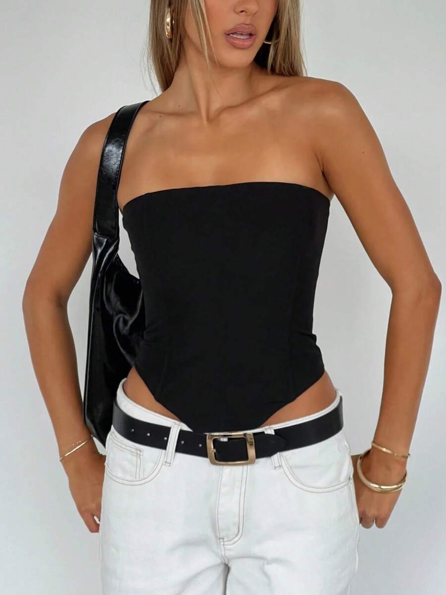 Women Y2k Strapless Bustier Corset Top Back Tie Up Boned Bodyshaper Slim Fit Tube Top Casual Sleeveless Backless Going Out Crop Tops Party Club Holiday Streetwear - 黑色 - 查看 1