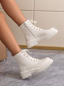 女士时尚厚底踝靴，百搭短靴，英伦风机车靴，2025秋冬新款 - 米色 - 查看 3