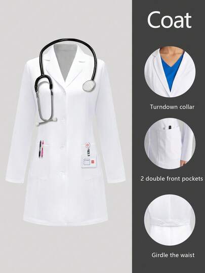 cimmuovere Women's Long Sleeve Multi-Pocket Scrubs Nurse Scrubs Workwear Dentist Healthcare Pet Hospital Laboratory White Coat