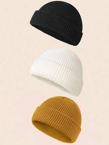 3pcs/Set Men's Fashionable Solid Color Beanie Hats, Knitted Warm Casual Hats Suitable For Autumn/Winter
