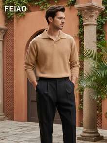 男士复古硬币印花 Polo 领纯色轻薄长袖衬衫，百搭休闲风格，适合所有季节，秋季必备 - 駝色 - 查看 2