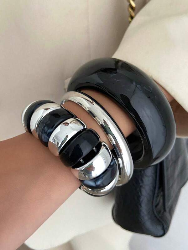 1pc Bohemian Geometric Asymmetrical Arc Smooth Metal Resin Cuff Bracelet, Luxurious Casual Party Women's Couples Wedding Holiday Versatile Jewelry Resin Bracelet Gift (The Material And Color Of The Bracelet Are Subject To The Actual Product)