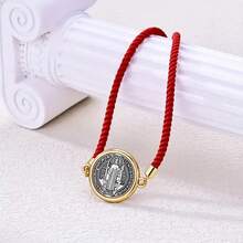 1pc Women's Woven Bracelet With A Red Rope Medal And Adjustable Bracelet - Red - View 4