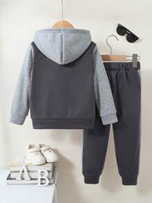 Tween Boy Letter Print Contrast Color Single-Breasted Hooded Jacket And Pants Casual Suit - Grey - View 2