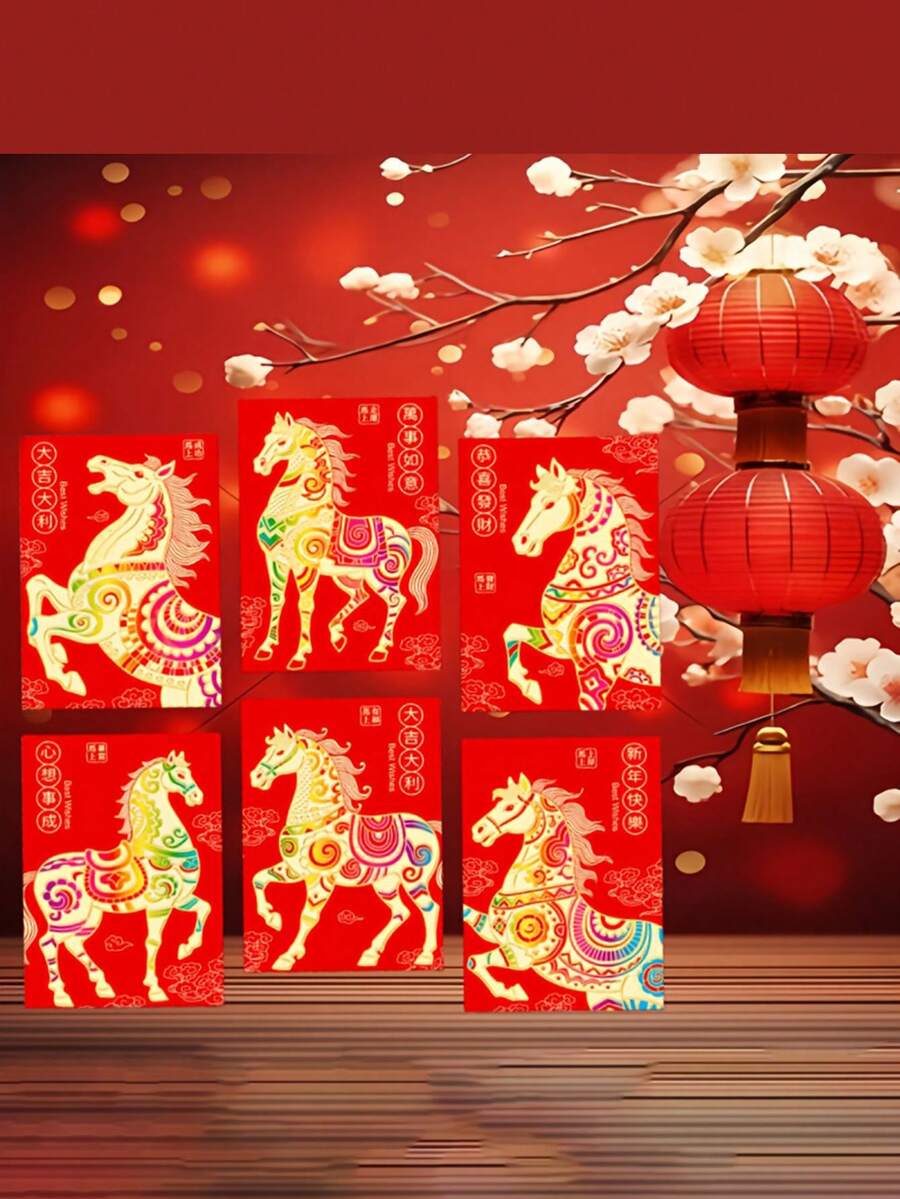 Chinese New Year Lucky Horse Red Envelopes - 6 Unique Designs With Golden Foil, Festive Paper Bags For Celebrations, Ideal For Gifting And Festive Occasions, Festive Gift Bags|Decorative Envelopes|Paper Envelopes