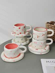 1 set Taza y platillo de cerámica pintados a mano de manera adorable - Diseños de corazón, cereza y floral para café, té, decoración del hogar y regalos