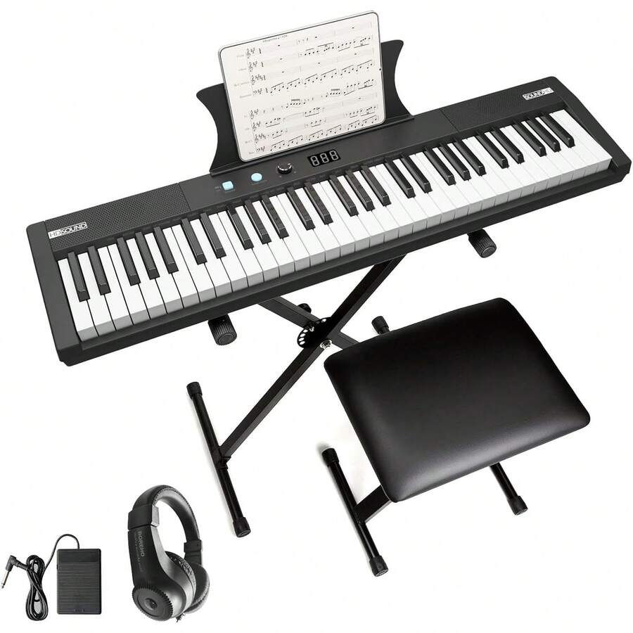 Teclado de piano de 61 teclas, teclado de piano portátil para principiantes, piano para el hogar con teclas de medio peso de tamaño completo, altavoces duales incorporados y pedales, adecuado para principiantes o profesionales - Piano negro + soporte + taburete - Ver 1
