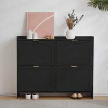 Modern Shoe Cabinet With 4 Drop-Down Compartments, Freestanding Shoe Rack, Open Shelves, Suitable For Entryway Or Hallway, Black, Dimensions: W110/H90/D24 Cm - Black - View 8