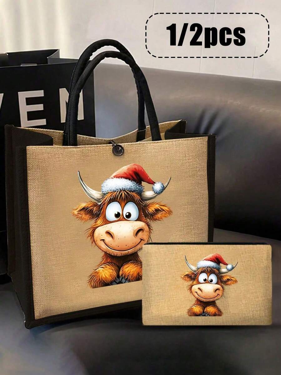1/2 piezas Bolsa de lona con estampado de divertida vaca de las Tierras Altas de Escocia, bolsa de lona ligera y elegante con estampado, bolsa de maquillaje, bolsa de almacenamiento, bolsa de hombro espaciosa para mujer, con gran capacidad y duradera, ideal para compras, playa, viajes, trabajo, escuela o uso diario, versátil para estudiantes y tutorías, bolsas de oficina, regalo para cumpleaños, Navidad - Multicolor - Ver 1