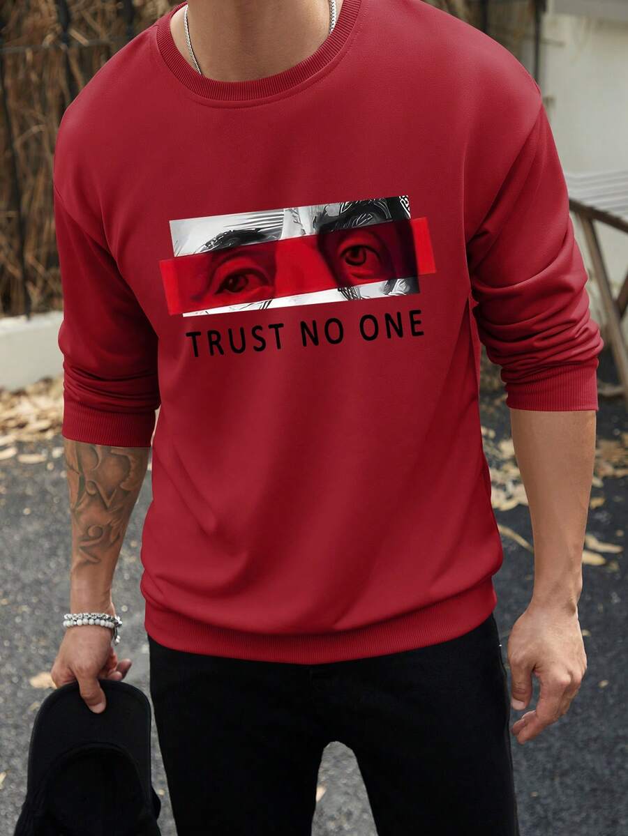 Men's Casual Round Neck Letter Print Sweatshirt, Spring/Autumn - Red - View 1