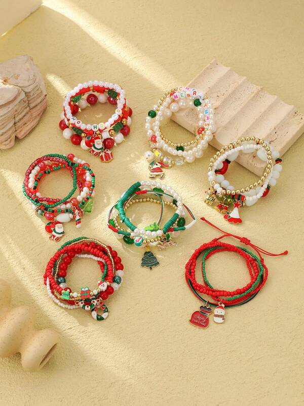 4pcs Women's Christmas Element Letter, Santa Claus, Christmas Tree Charm Bracelet Set
