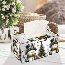 1 Caja de pañuelos de madera hecha a mano, caja de almacenamiento reutilizable, perfecta para la decoración del hogar y la oficina, regalo festivo ideal para todas las ocasiones, patrón de muñeco de nieve navideño, regalo hecho a mano, caja, decoración navideña.