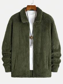 Men's Casual Fleece Warm Solid Color Sports Outdoor Street Windproof Insulated Jacket - Army Green - View 4