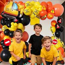 128pcs Construction Truck Themed Balloon Garland Arch Set, Including Excavator, Crane Foil Balloons And Black, Orange And Yellow Latex Balloons. Perfect For Birthday Parties, Baby Showers, First Birthday Parties, Outdoor Parties, Cartoon Excavator Themed Parties.